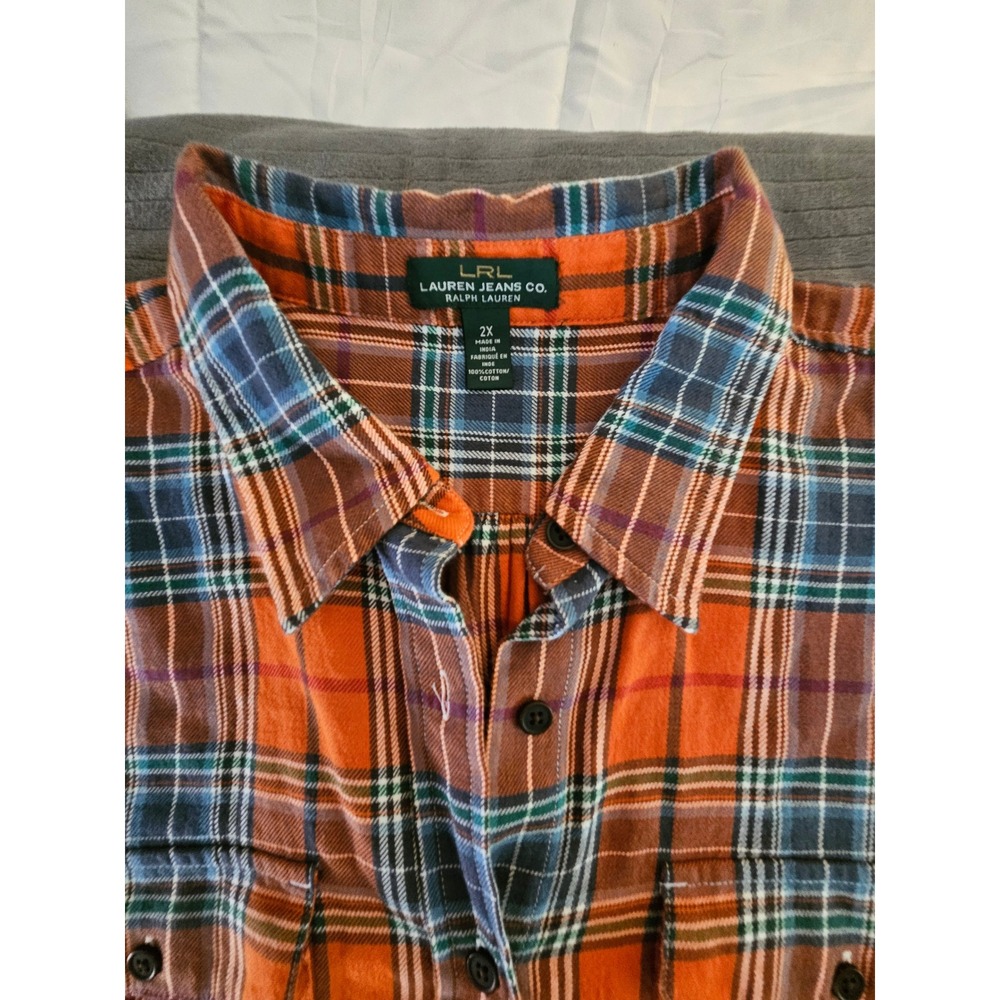 NWT Lauren Ralph Lauren Orange Plaid Flannel Button Down Shirt Women 2X